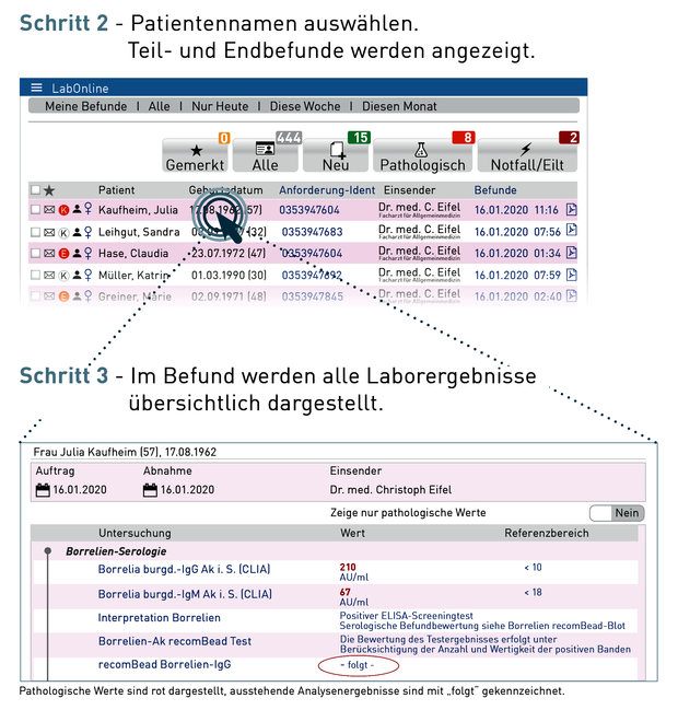 Patientennamen auswählen. Teil- und Endbefunde werden angezeigt.